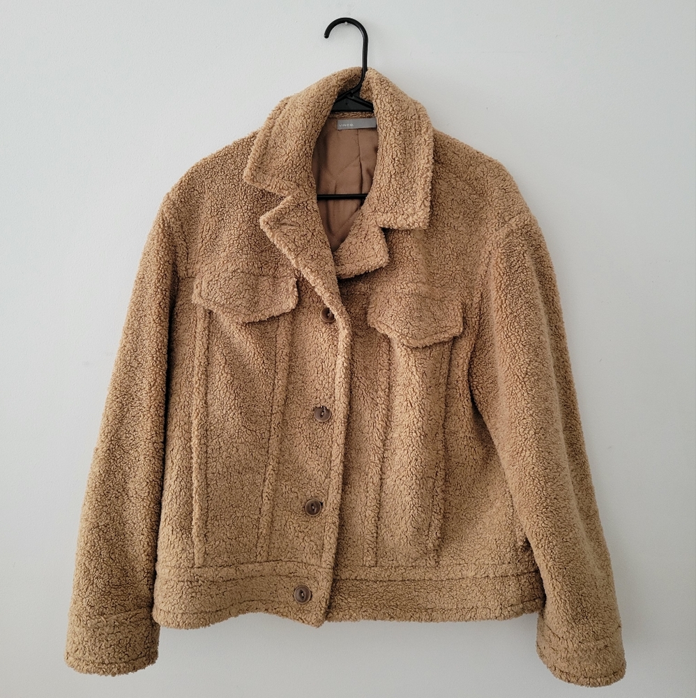 vince faux fur tan teddy jacket, large